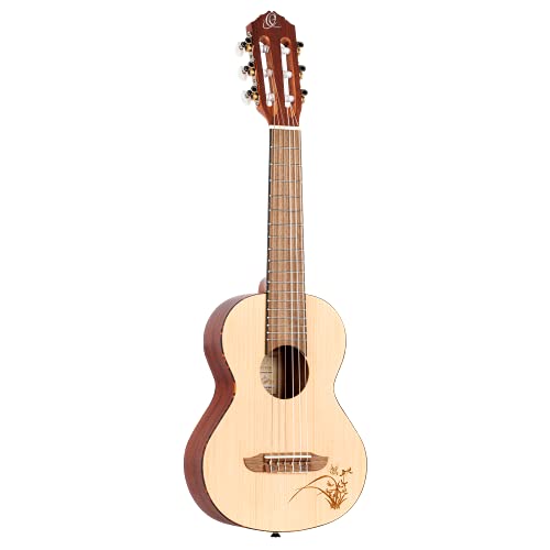 Ortega Guitars Guitarlele akustische Reisegitarre - Mini/Travel Series - 6 Saiten - Fichtendecke mit lasergaviertem Motiv (RGL5)