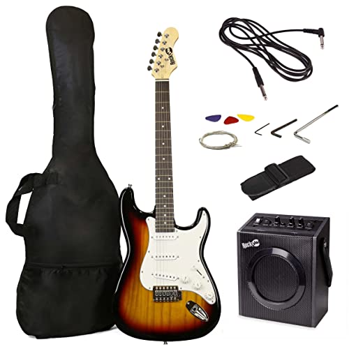 RockJam E-Gitarren-Set in Standardgröße mit 10-Watt-Gitarrenverstärker, Übungen, Gurt, Gigbag, Plektren, Whammy, Lead und Ersatzsaiten - Sunburst