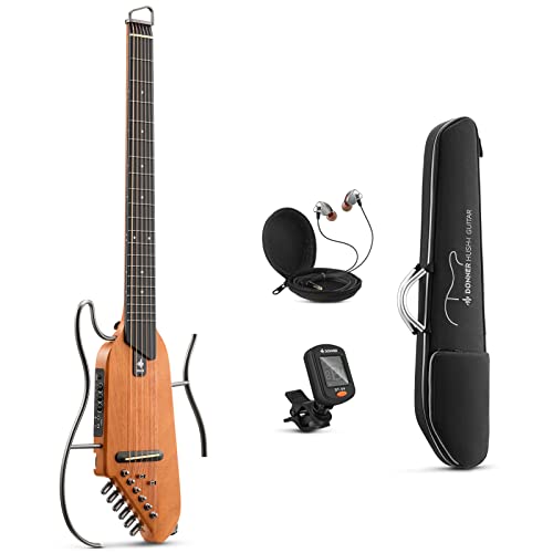 Donner HUSH-I Kopfloser tragbarer Gitarre - Ultraleichte und leise akustisch-elektrische Gitarre für unterwegs, Mahagonikorpus mit abnehmbaren Rahmen, Gigbag und Zubehör.