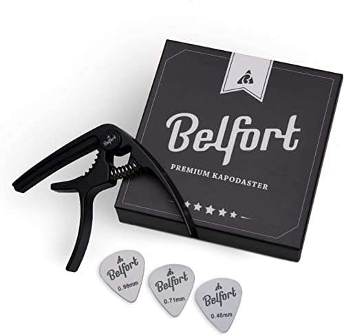 BELFORT Original QuickPitch Kapodaster für Gitarre + 3 Plektren + Gratis eBook  Kinderleichte Bedienung  Capo für Gitarre - Westerngitarre, Akustikgitarre, Konzertgitarre, E-Gitarre & Ukulele