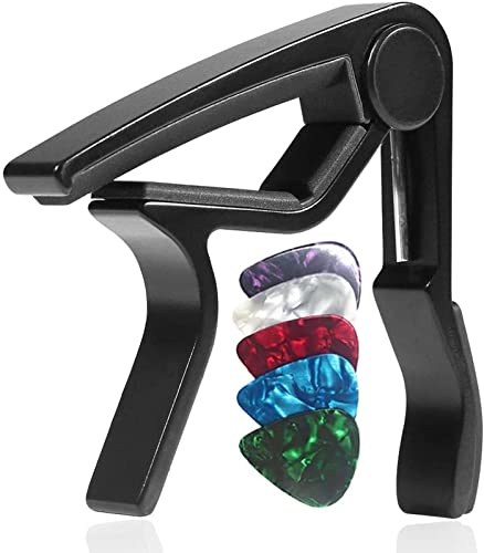 WINGO Kapodaster Gitarre Kapo Capo Capodaster für 6-Saiter Akustikgitarre, E-Gitarre, Banjo & Ukulele mit 5 Plektren, Schwarz