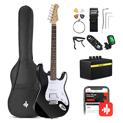 Donner E-Gitarre Set Stratocastere e Gitarren, S-S-H Pickups, 39 Zoll Volle Größe mit Verstärker, Tasche, Capo, Gurt, Saiten, Tuner, Kabel und Plektren (Schwarz)