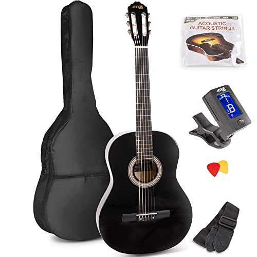 MAX SoloArt - 4/4 Akustik Gitarre für Anfänger Einsteiger Erwachsene - Akustikgitarre inkl. Tasche, Stimmgerät, Plektrum, Gurt und Zubehör - Acoustic Guitar, Konzertgitarre in Schwarz