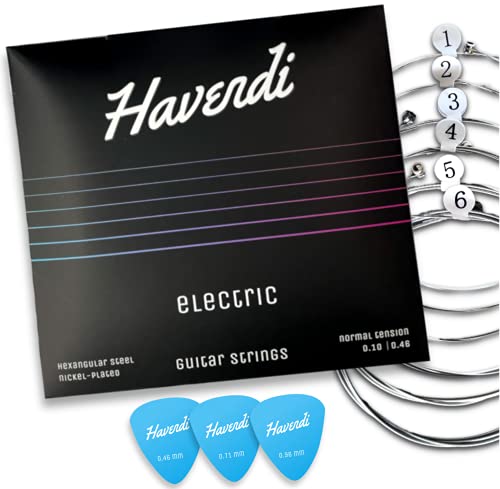 HAVENDI Gitarrensaiten E-Gitarre - brillante Klangqualität Saiten aus Stahl für elektrische Gitarre mit Nickel ummantelt (6 Saiten-Set) inkl. 3 Plektren