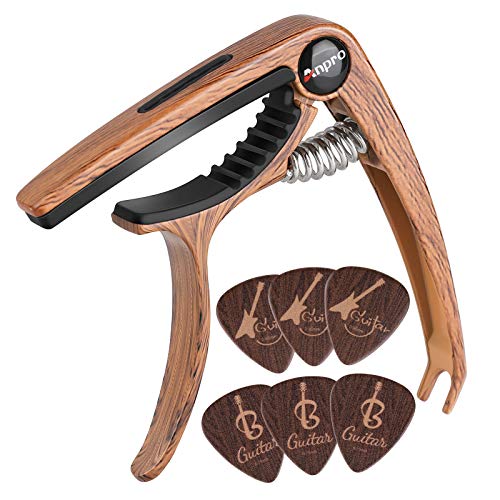 Anpro Gitarre Kapodaster Guitar Capo Guitar Capo mit 6 Plektrum Plektron Picks für Akustik- und E-Gitarre, Ukulele, Mandoline und Banjo, Holzfarbe