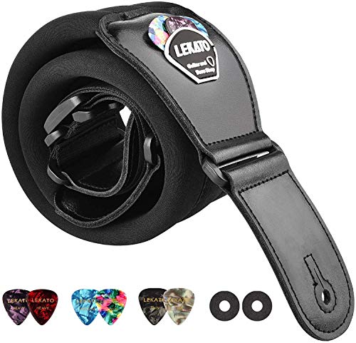 LEKATO 3'' breiter Gitarrengurt mit Enden aus echtem Leder, Memory-gepolsterter Schultergurt, verstellbare Länge von 45 Zoll bis 55 Zoll für Gitarrenbass, entwickelt für schwere Gitarrenbass