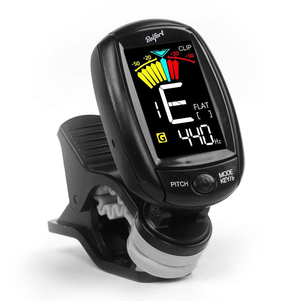 BELFORT TuneMax kompaktes Clip-On Stimmgerät für alle Instrumente - Universal-Stimmgerät für Gitarre, Ukulele, Violine, Bass und Chromatisch (Universal Modus) + BONUS: eBook
